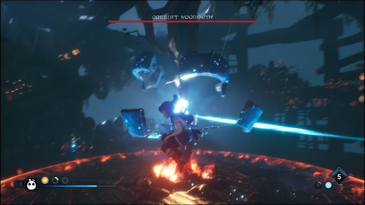 To weaken the boss and make it vulnerable to attacks, you have to fire a bomb at the crystal first and then activate it with an arrow or Pulse - Kena Bridge of Spirits: Corrupt Woodsmith - boss, how to defeat? - Bosses - Kena Bridge of Spirits Guide