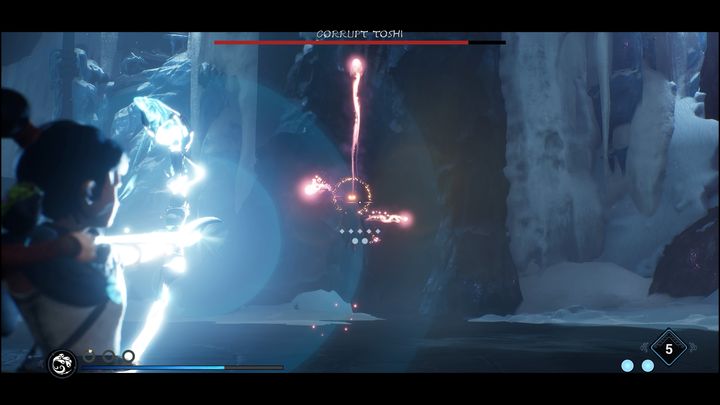 When Corrupt Toshi disappears, leaving behind a flame, he will reappear in the air and, after a moment of preparation, he will launch a series of projectiles that will trail after you - Kena Bridge of Spirits: Corrupt Toshi - boss, how to beat? - Bosses - Kena Bridge of Spirits Guide