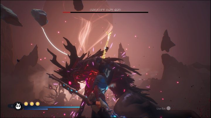 To interrupt this attack, remove the golden rods from his back - Kena Bridge of Spirits: Corrupt Rot God - boss, how to beat? - Bosses - Kena Bridge of Spirits Guide