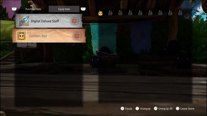 The second tab allows you to equip purchased hats or other things such as skins for Rot or weapons - Kena Bridge of Spirits: Hat Cart - what does it unlock? - FAQ - Kena Bridge of Spirits Guide