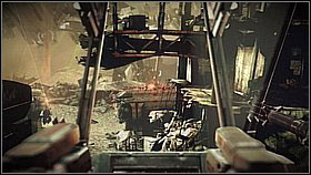 After destroying the cannon behind the right building back up to the middle - the road between the buildings leads below the bridge - Pyrrhus Evac - p. 2 - Walkthrough - Killzone 3 - Game Guide and Walkthrough