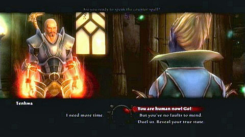 After hearing out all parts of the story, return to Tenhwa and choose the upper dialogue option to dispel the spell and free the woman - Kingdoms of Amalur Reckoning: Odarath II, p. 4 - Walkthrough - Side missions - Kingdoms of Amalur: Reckoning Game Guide & Walkthrough