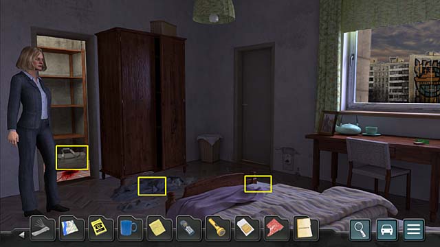 To take a blood stained knife you need to be careful to not leave your fingerprints, so cut a piece of cloth by using the pot shard on pile of clothes (on the floor) - Chapter 1: Murmansk - Undercover Missions: Operation Kursk K-141 - Game Guide and Walkthrough