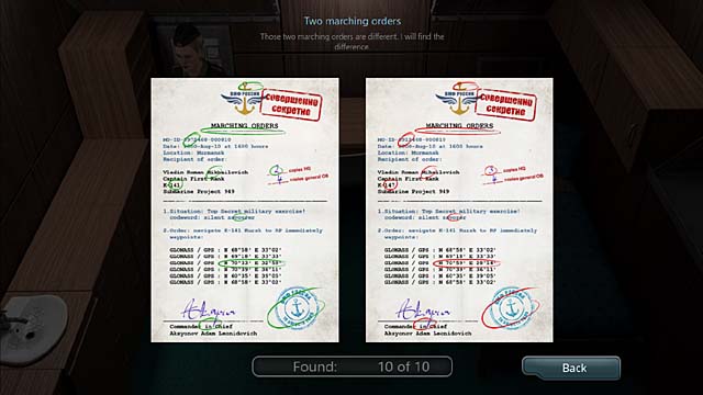 You need to find 10 differences between the orders - Chapter 4: The Kursks mission - Undercover Missions: Operation Kursk K-141 - Game Guide and Walkthrough