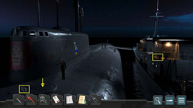 At first take a rope which is on the main hatchs cover - Chapter 7: Major general Germin - Undercover Missions: Operation Kursk K-141 - Game Guide and Walkthrough