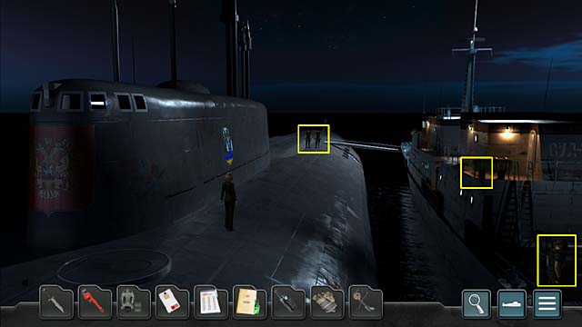 Use the crossbow with entering hook on the patrol boats railing - Chapter 7: Major general Germin - Undercover Missions: Operation Kursk K-141 - Game Guide and Walkthrough