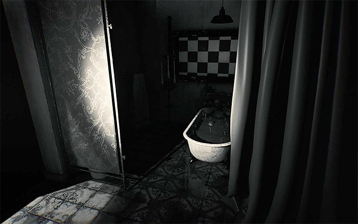 Start by unfolding the curtain on the left side so that you reveal the bathtub with the dummy - The cable and bath riddle | Layers of Fear 2 Riddle Solutions - Act 2 - The Hunt - Layers of Fear 2 Guide