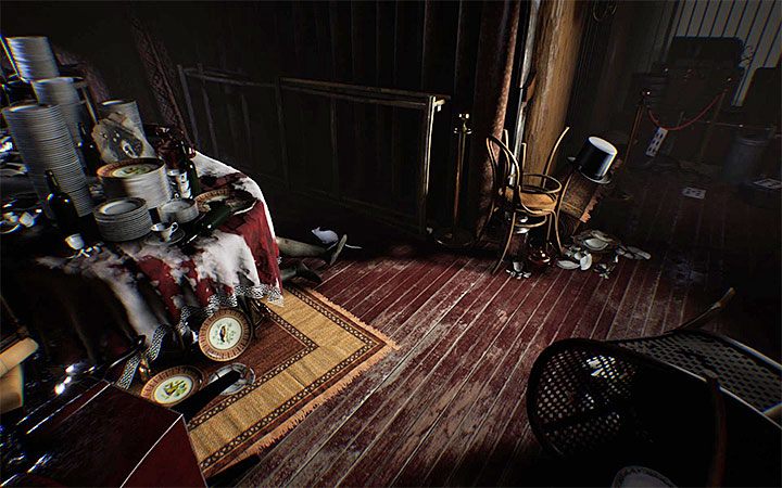 The solution to this puzzle can be solved by reaching the colorful room shown in the image, in which, among other things, there is a bloody table with a large number of plates placed on it - The third puzzle with a padlock | Layers of Fear 2 Riddle Solutions - Act 4 - Breathe - Layers of Fear 2 Guide