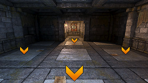 Out of nine pressure plates found here, hold down four with any items you like, as seen above (I used some old Toorum's Notes) - Level 9: Goromorg Temple I - Walkthrough - Legend of Grimrock - Game Guide and Walkthrough