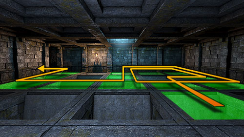 Start off by taking a closer look at the track which is created by the trap doors closing (marked on the mini-map) and afterwards head along this moving bridge - Level 5: Hallways - Walkthrough - Legend of Grimrock - Game Guide and Walkthrough