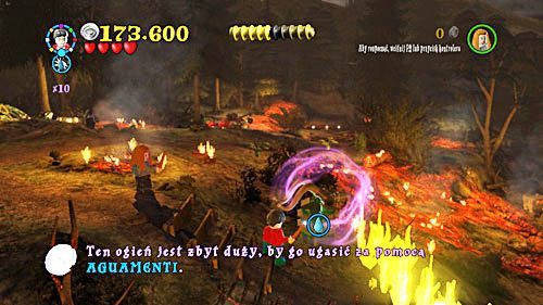 After you reach large flames, install the nozzle on the tank and fill the tank with water by using the AG spell, then use a washer and extinguish the flames by casting the WL spell - Harry Potter Years 5-7: Horcrux and the Hand - Year 6 - LEGO Harry Potter Years 5-7 Guide