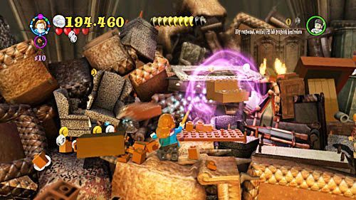 Go all the way to the left, destroy the silver stool with Reducto and climb up the pile of furniture - Harry Potter Years 5-7: Fiendfyre Frenzy - Year 7 - LEGO Harry Potter Years 5-7 Guide