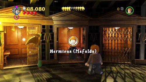 The last token, Hermione (Mafalda), is in one of the elevators on the left - Harry Potter Years 5-7: Magic is Might - secrets, collectibles - Year 7 - LEGO Harry Potter Years 5-7 Guide