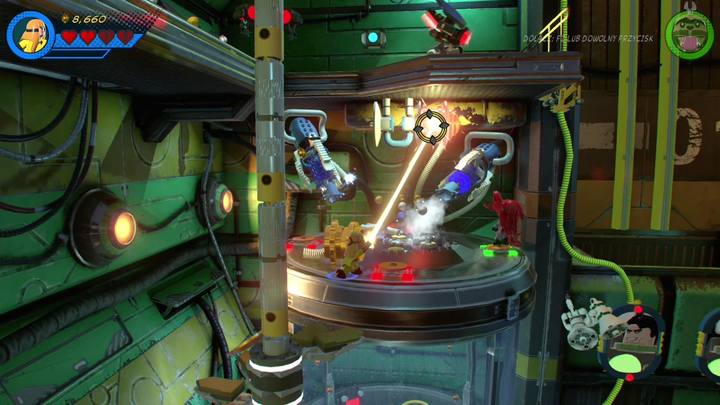 Keep Crystal selected and use laser to destroy the golden handles on the cannons that are shooting you - LEGO Marvel 2: Mission 13 - Inhuman Nature Walkthrough - LEGO Marvel 2: Walkthrough - LEGO Marvel Super Heroes 2 Game Guide