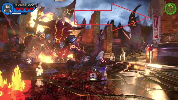 Minikit #9 is located on the surface (check the red arrow in the picture) - LEGO Marvel 2: Mission 7 - Surtur-n Doom Secrets - LEGO Marvel 2: Mission secrets - LEGO Marvel Super Heroes 2 Game Guide