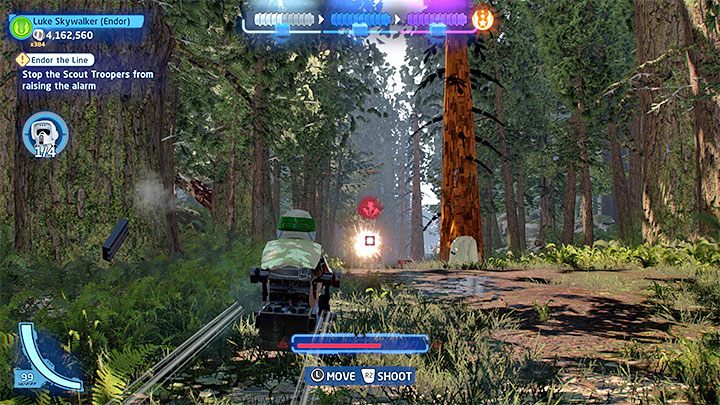 Once you're done with them, jump on one of the Speeder Bikes to start the forest chase sequence - LEGO Skywalker Saga: Endor the Line - walkthrough - LEGO Skywalker Saga: Episode 6 - Return of the Jedi - LEGO Skywalker Saga Guide