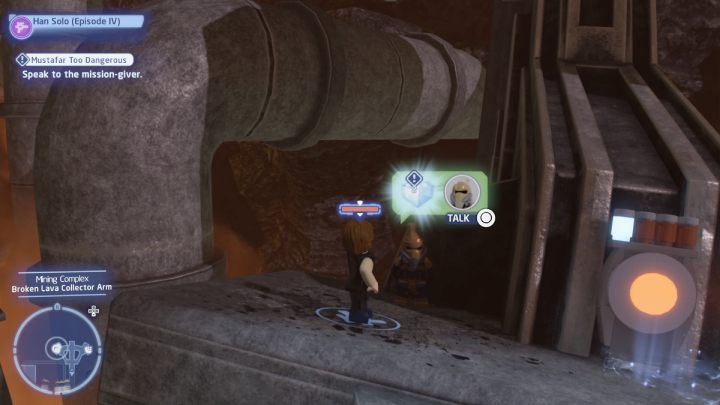 As a scoundrel, talk to the quest giver and accept the mission - LEGO Skywalker Saga: Mustafar Too Dangerous - walkthrough - LEGO Skywalker Saga: Mustafar mine complex - LEGO Skywalker Saga Guide