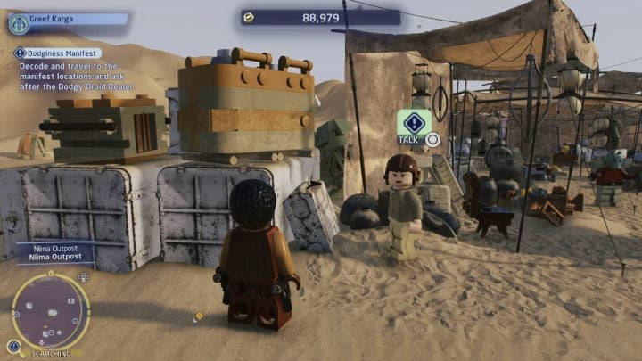 Go to the Niima settlement on planet Jakku and talk to the inhabitant standing near the landing site - LEGO Skywalker Saga: Dodginess Manifest - walkthrough - LEGO Skywalker Saga: Jakku - Tuanul Village - LEGO Skywalker Saga Guide