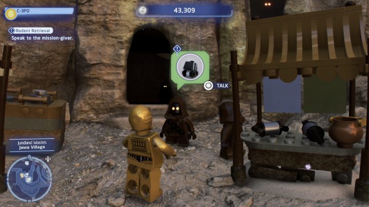 As a Protocol Droid, talk to the NPC and accept the task - LEGO Skywalker Saga: Rodent Retrieval - walkthrough - LEGO Skywalker Saga: Tatooine - the desert of Jundland - LEGO Skywalker Saga Guide
