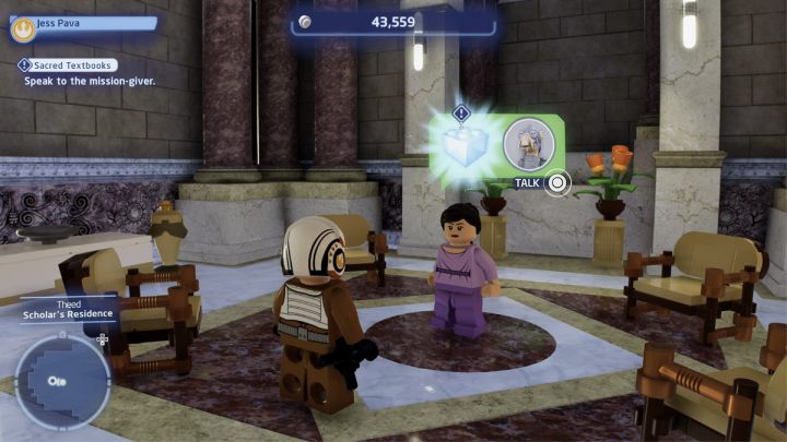 Talk to the quest giver and accept the task - LEGO Skywalker Saga: Sacred Textbooks - walkthrough - LEGO Skywalker Saga: Naboo - Theed - LEGO Skywalker Saga Guide