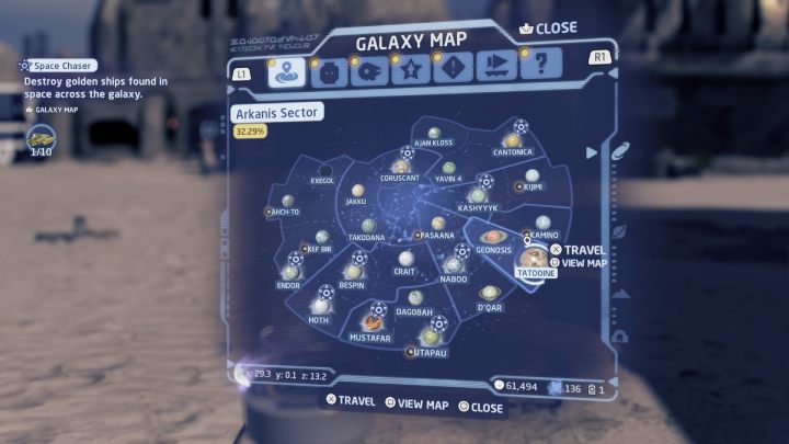 The Space Chaser challenge requires you to destroy 10 golden ships scattered all around the galaxy - LEGO Skywalker Saga: Space Chaser - walkthrough - LEGO Skywalker Saga: Challenges - LEGO Skywalker Saga Guide