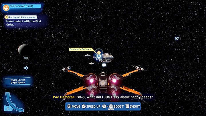 You begin Episode 8 controlling Poe Dameron's ship in D'Qar orbit - LEGO Skywalker Saga: Damerons Defiance - walkthrough - LEGO Skywalker Saga: Episode 8 - The Last Jedi - LEGO Skywalker Saga Guide