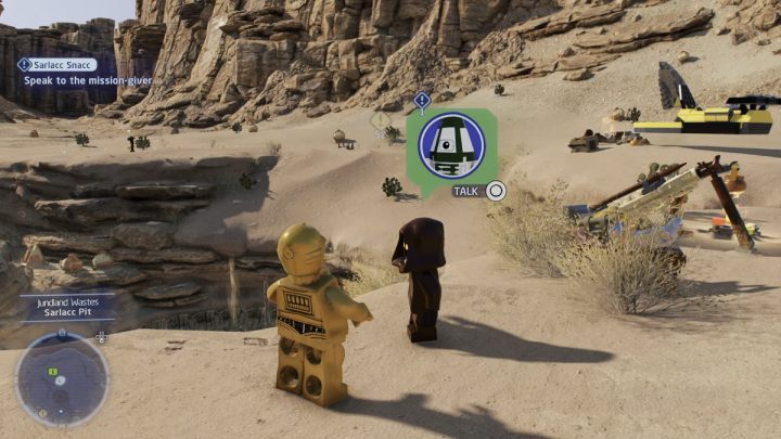 Assume control of a protocol droid and talk to the quest giver in Jundland desert - LEGO Skywalker Saga: Sarlacc Snacc - walkthrough - LEGO Skywalker Saga: Tatooine - the desert of Jundland - LEGO Skywalker Saga Guide
