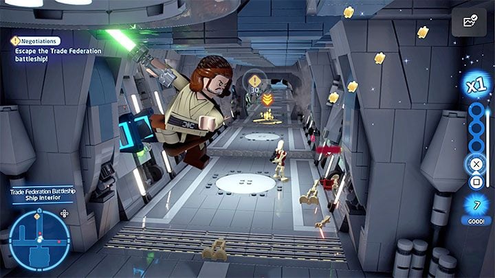 This triggers an escape sequence during which you'll be forced to fight enemy droids - LEGO Skywalker Saga: A Bigger Fish - walkthrough - LEGO Skywalker Saga: Episode 1 - The Phantom Menace - LEGO Skywalker Saga Guide