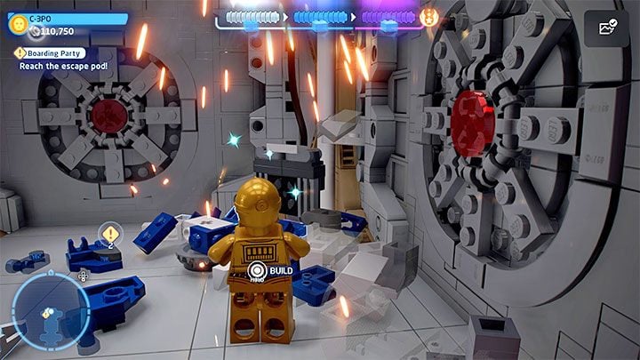 Go through the next corridors - you can watch funny scenes with Stormtroopers in the side rooms, but watching them and attacking the Stormtroopers is optional - LEGO Skywalker Saga: Boarding Party - walkthrough - LEGO Skywalker Saga: Episode 4 - A New Hope - LEGO Skywalker Saga Guide