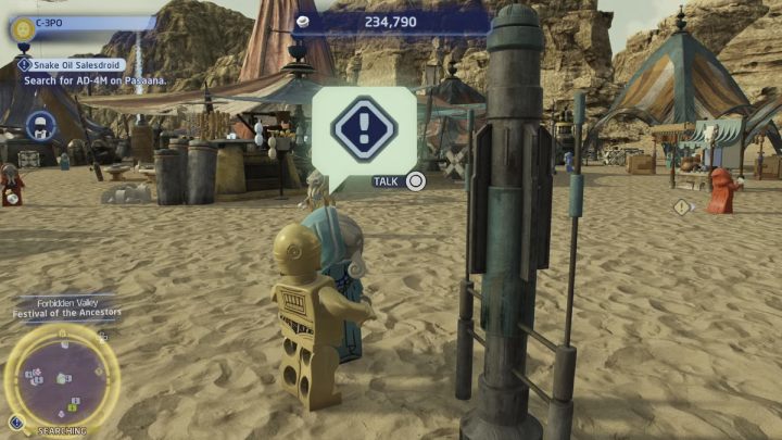 Go to the search area and talk to the festival participants as the Protocol Droid - LEGO Skywalker Saga: Snake Oil Salesdroid - walkthrough - LEGO Skywalker Saga: Ajan Kloss - resistance camp - LEGO Skywalker Saga Guide