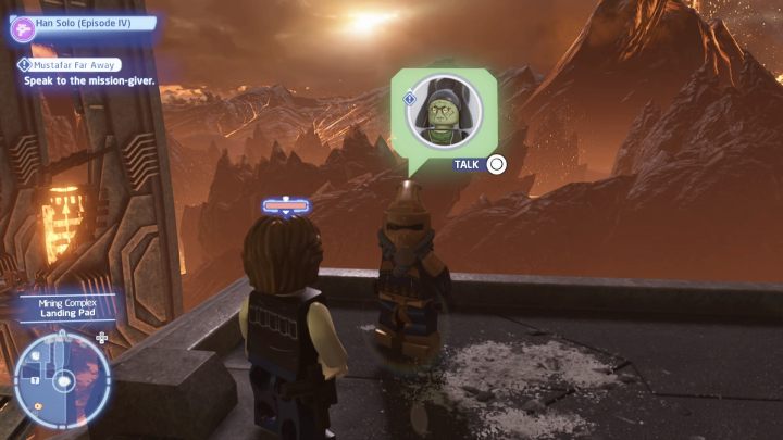 As a scoundrel, talk to the quest giver and accept the quest - LEGO Skywalker Saga: Mustafar Far Away - walkthrough - LEGO Skywalker Saga: Mustafar mine complex - LEGO Skywalker Saga Guide