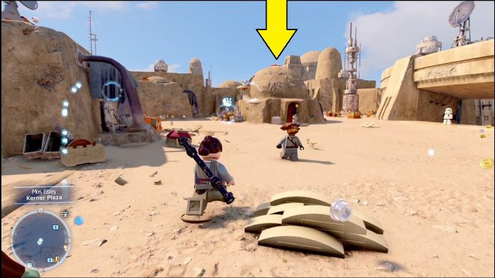 This brick is locked in a chest, in the south-western part of the map - LEGO Star Wars The Skywalker Saga: Mos Eisley - list of all puzzles - LEGO Skywalker Saga: Tatooine - LEGO Skywalker Saga Guide