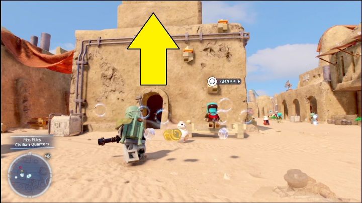 This brick is locked in a crate on the top of the building - LEGO Star Wars The Skywalker Saga: Mos Eisley - list of all puzzles - LEGO Skywalker Saga: Tatooine - LEGO Skywalker Saga Guide