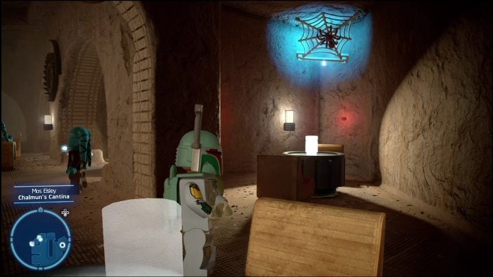 The brick is hidden inside the building, in a gap on the left - LEGO Star Wars The Skywalker Saga: Mos Eisley - list of all puzzles - LEGO Skywalker Saga: Tatooine - LEGO Skywalker Saga Guide