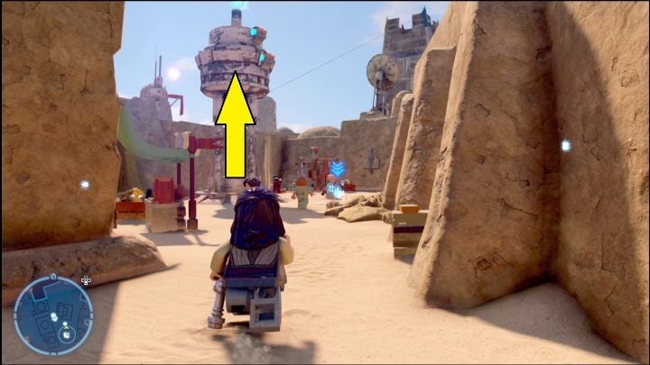 The brick is at the top of a tower you can reach using a grappling hook (a bounty hunter or an astromech droid) - LEGO Star Wars The Skywalker Saga: Mos Eisley - list of all puzzles - LEGO Skywalker Saga: Tatooine - LEGO Skywalker Saga Guide