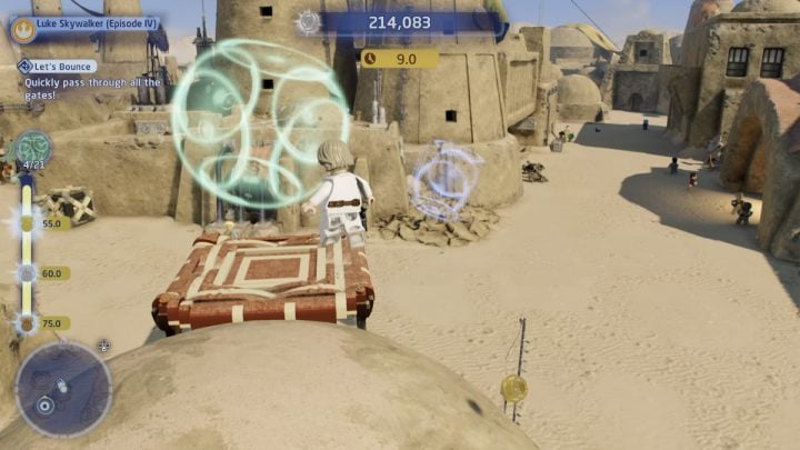 Use the trampolines and handles to get to the starting point - LEGO Skywalker Saga: Bantha Banter - walkthrough - LEGO Skywalker Saga: Trials - LEGO Skywalker Saga Guide