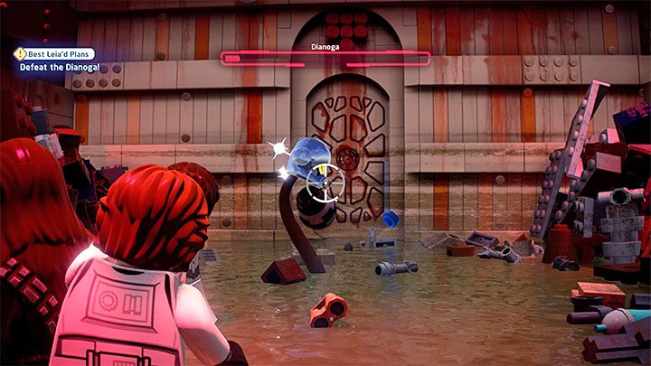 After the boss has very few health points left, the tentacle with the eye will put on a silver helmet - LEGO Skywalker Saga: Best Leiad Plans - walkthrough - LEGO Skywalker Saga: Episode 4 - A New Hope - LEGO Skywalker Saga Guide
