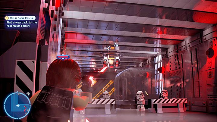 The officer is hiding around the corner, and apart from the new regular enemies, you also have to watch out for the turret near the ceiling - LEGO Skywalker Saga: This is Some Rescue - walkthrough - LEGO Skywalker Saga: Episode 4 - A New Hope - LEGO Skywalker Saga Guide