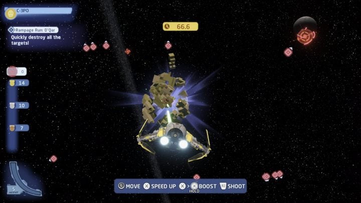 To complete the trial, you have to shoot down as many targets as possible within 70 seconds - LEGO Skywalker Saga: DQar - trials, walkthrough - LEGO Skywalker Saga: Trials - LEGO Skywalker Saga Guide