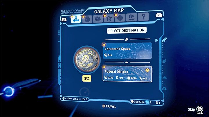 After selecting the system you want to visit in from the galaxy map, you have to specify the destination - you can, for example, move to orbit around the planet or land on its surface immediately - LEGO Skywalker Saga: Fast travel - how it works? - LEGO Skywalker Saga: Basics - LEGO Skywalker Saga Guide