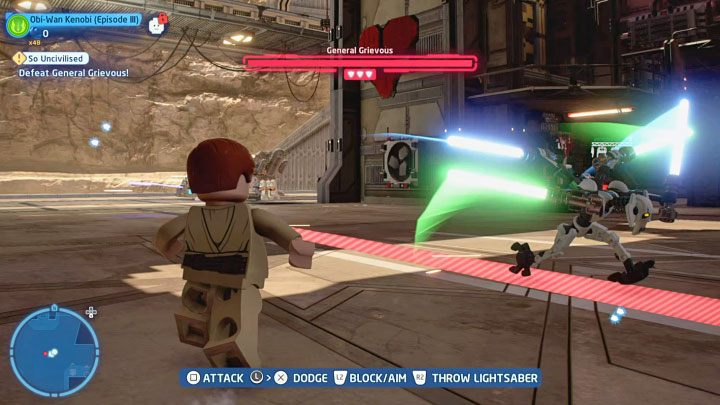 Just like other bosses, Grievous has access to some powerful attacks signaled with red lines and circles - LEGO Skywalker Saga: So Uncivilized - walkthrough - LEGO Skywalker Saga: Episode 3 - Revenge of the Sith - LEGO Skywalker Saga Guide