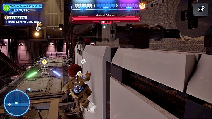 Grievous will damage the upper balconies but you can circumvent that by Wall Running - LEGO Skywalker Saga: So Uncivilized - walkthrough - LEGO Skywalker Saga: Episode 3 - Revenge of the Sith - LEGO Skywalker Saga Guide