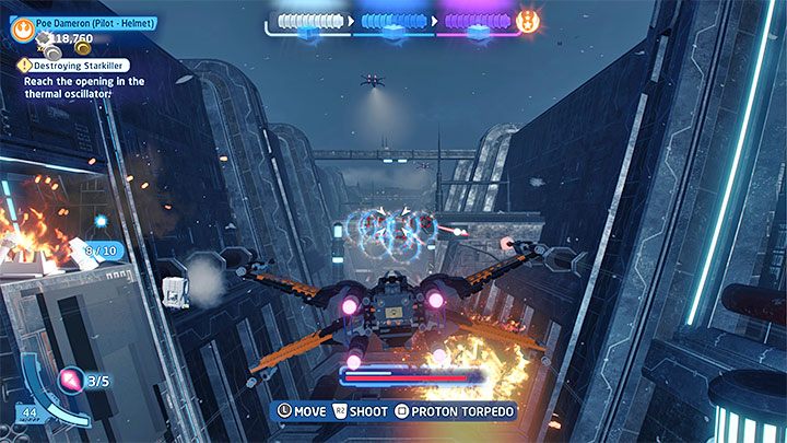 After destroying the nearby fighters and defense systems, the flight through the trench will begin - LEGO Skywalker Saga: Destroying Starkiller - walkthrough - LEGO Skywalker Saga: Episode 7 - The Force Awakens - LEGO Skywalker Saga Guide