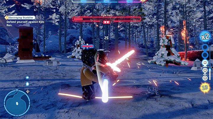 Always attack Kylo Ren with a character equipped with a lightsaber - LEGO Skywalker Saga: Destroying Starkiller - walkthrough - LEGO Skywalker Saga: Episode 7 - The Force Awakens - LEGO Skywalker Saga Guide