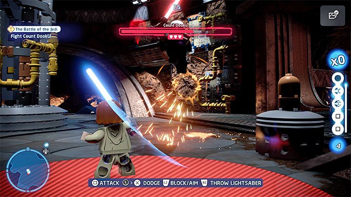 React to Dooku's powerful attacks which are signaled with red lines and circles - LEGO Skywalker Saga: Count Dooku in Episode 2 - boss, how to beat? - LEGO Skywalker Saga: Bosses - LEGO Skywalker Saga Guide