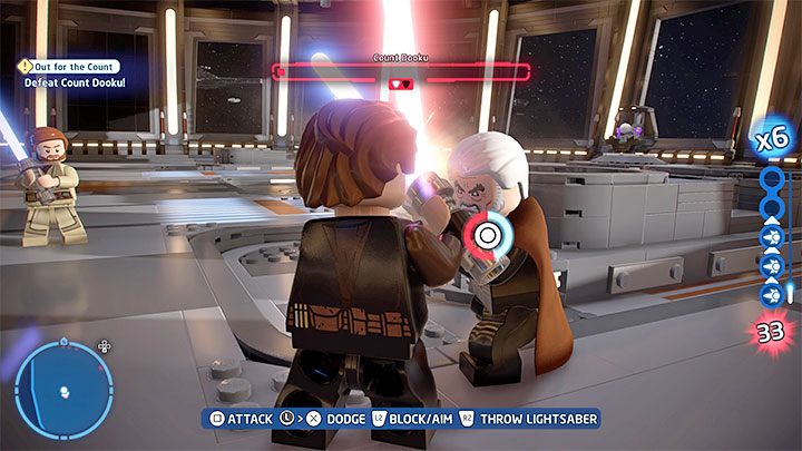 When one of Dooku's health bars gets low you must approach him and enter a blade lock - LEGO Skywalker Saga: Count Dooku in Episode 3 - boss, how to beat? - LEGO Skywalker Saga: Bosses - LEGO Skywalker Saga Guide