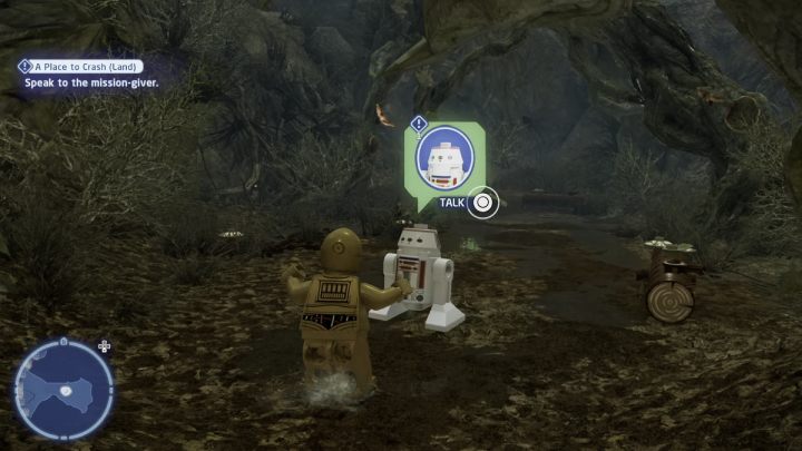 While controlling the protocol droid, talk to the NPC in the dragon-snake swamp on the planet Dagobah - LEGO Skywalker Saga: A Place to Crash Land - walkthrough - LEGO Skywalker Saga: Dagobah - Dragonlance Swamp - LEGO Skywalker Saga Guide