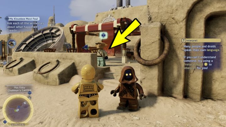 The next witness will be standing by the trampoline - LEGO Skywalker Saga: Ma Klounkee Most Foul - walkthrough, description - LEGO Skywalker Saga: Tatooine - Mos Eisley - LEGO Skywalker Saga Guide
