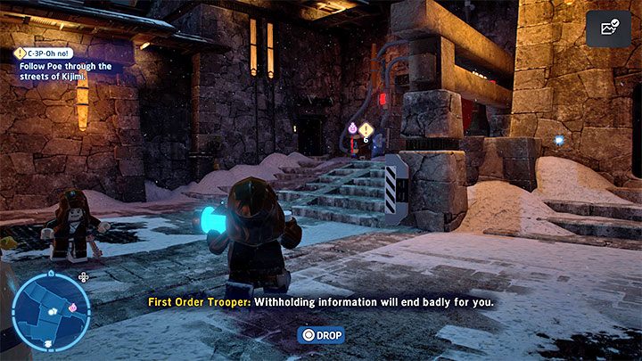 Reach the exclamation mark on the mini-map and you will find an energy source shown in picture 1 - LEGO Skywalker Saga: C-3P-Oh No! - walkthrough - LEGO Skywalker Saga: Episode 9 - The Rise of Skywalker - LEGO Skywalker Saga Guide