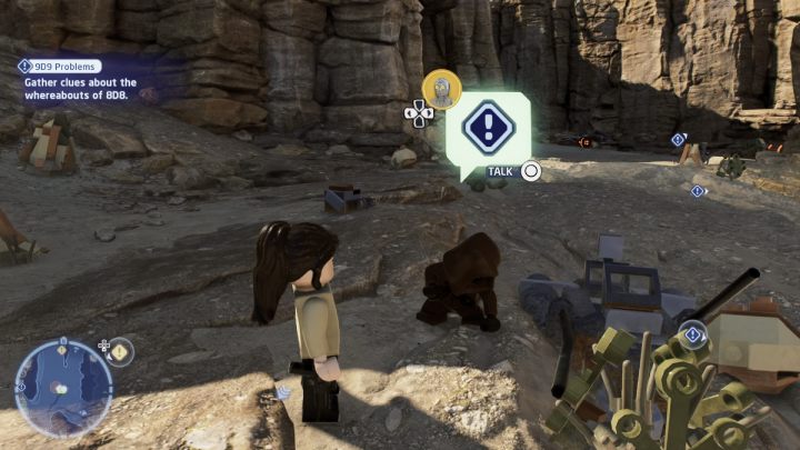 Follow the marker to the first search area and, while controlling the protocol droid, talk to the NPC standing by the small vehicle and plants - LEGO Skywalker Saga: 9D9 Problems - walkthrough - LEGO Skywalker Saga: Tatooine - the desert of Jundland - LEGO Skywalker Saga Guide